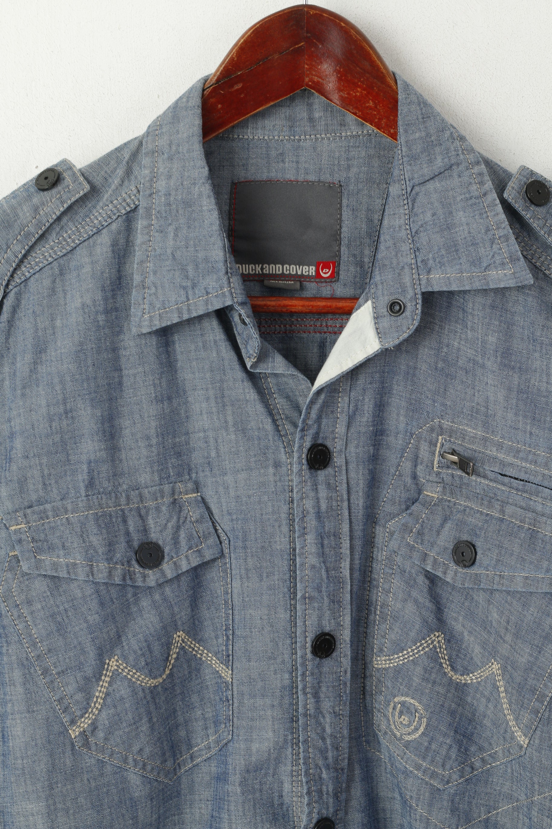 Duck and Cover Men M Casual Shirt Blue Jeans Cotton Pocket Short Sleeve Snap Top