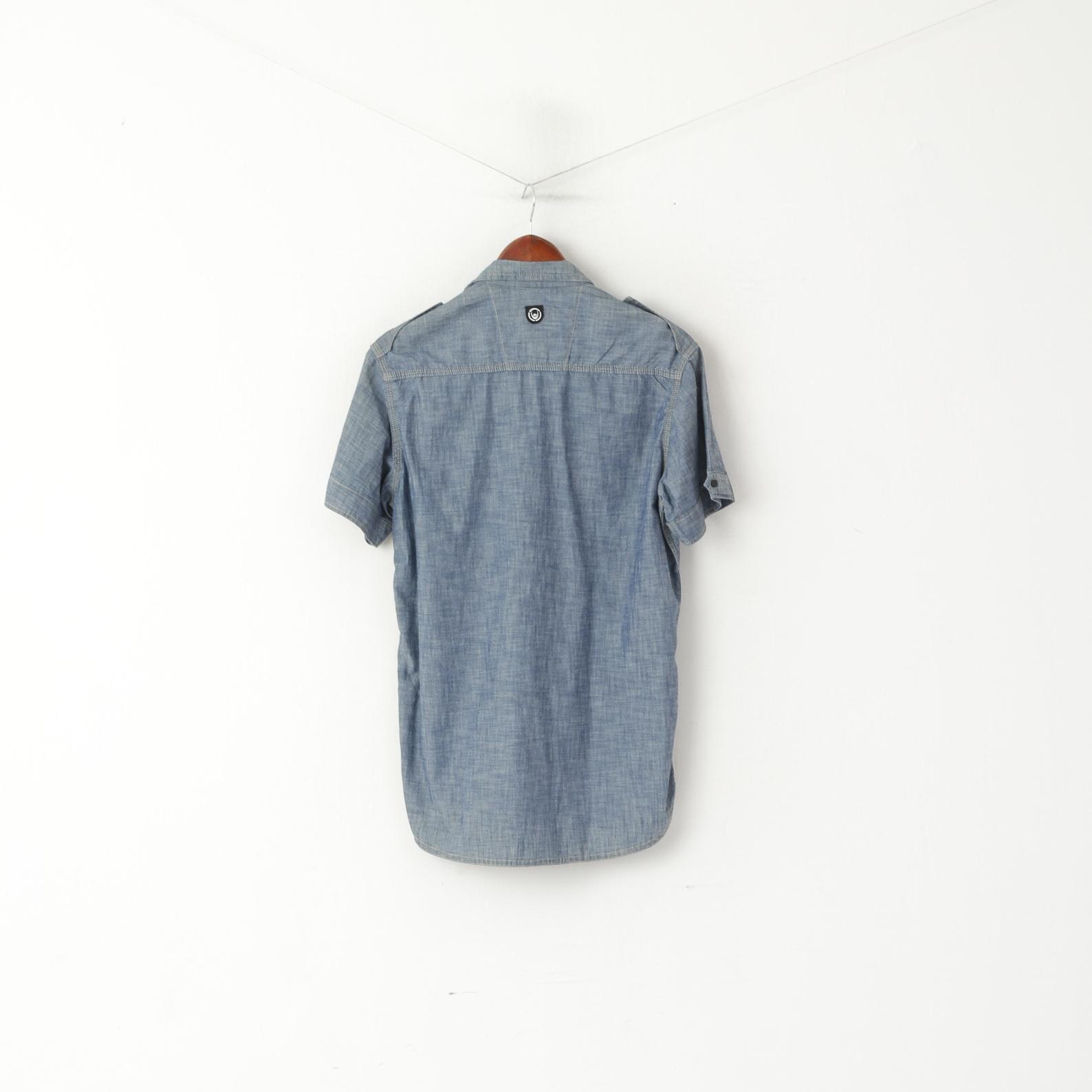 Duck and Cover Men M Casual Shirt Blue Jeans Cotton Pocket Short Sleeve Snap Top