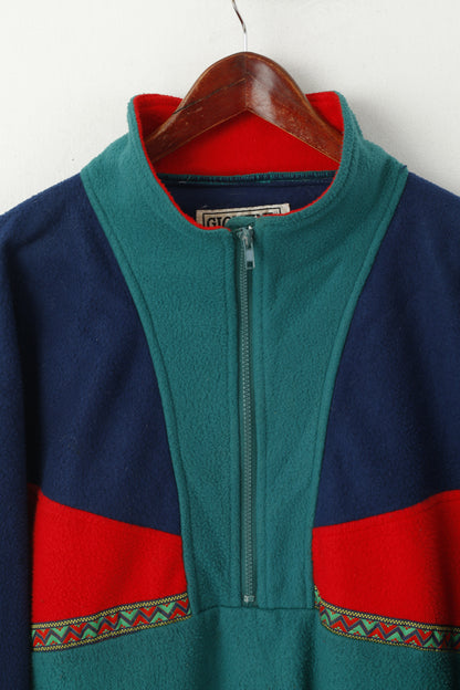 Giovani Men L Fleece Top Navy Vintage Pullover Zip Neck Pockets Oldschool Sweatshirt