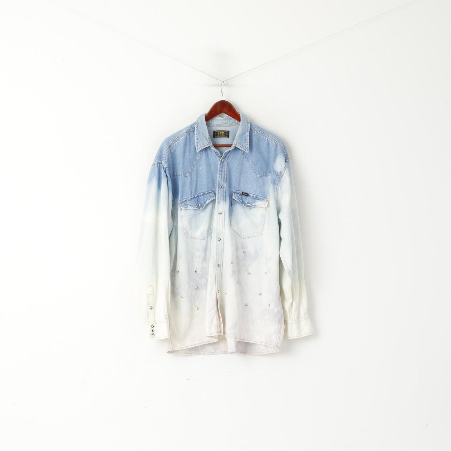 Lee Sanforized Hommes XL Chemise décontractée Bleu Jeans Ombre Jets Acid Wash Western Top