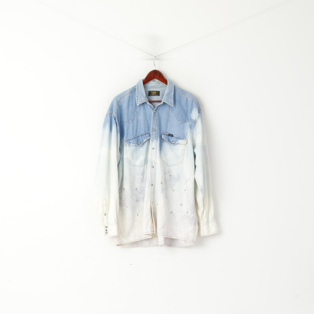 Lee Sanforized Hommes XL Chemise décontractée Bleu Jeans Ombre Jets Acid Wash Western Top