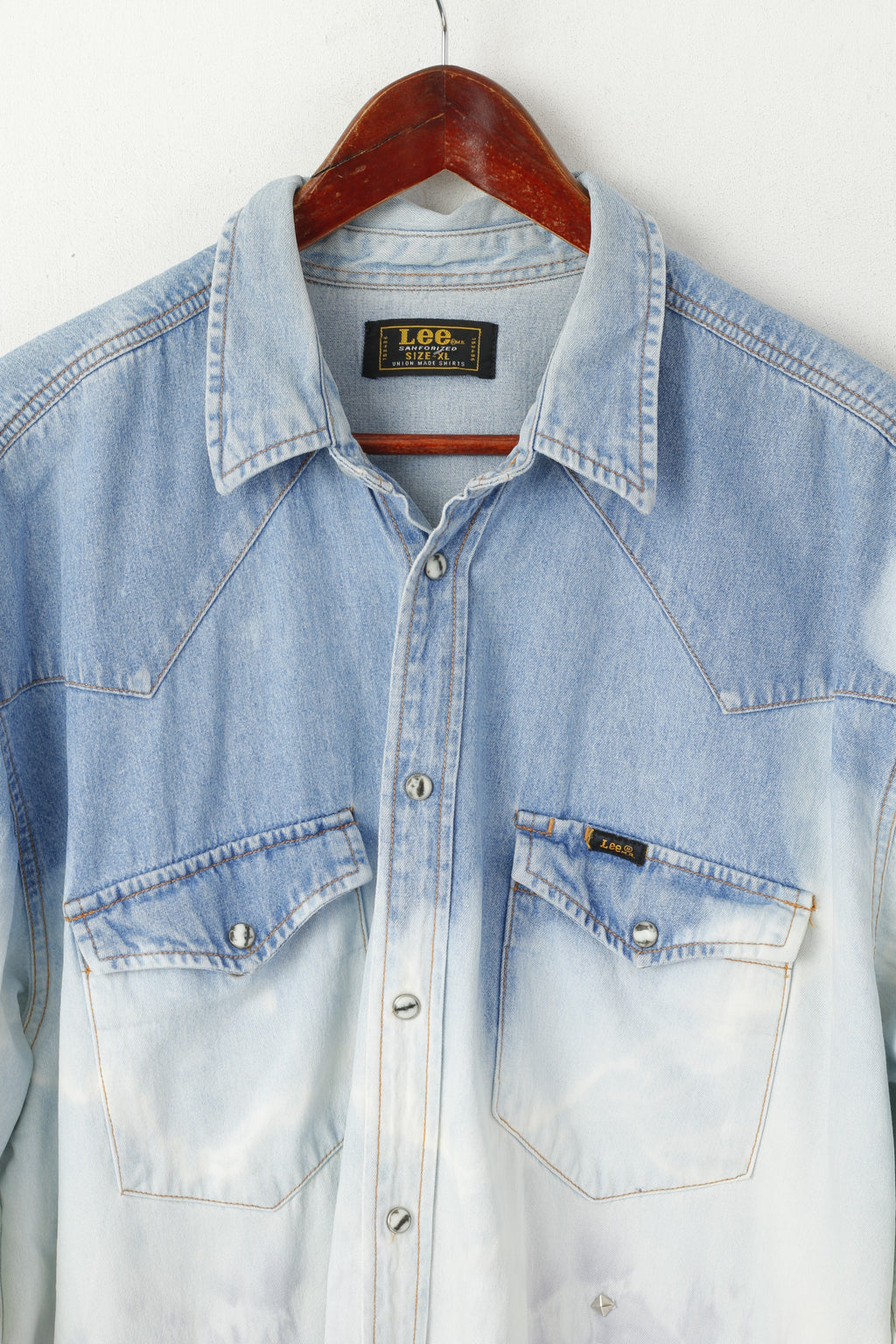 Lee Sanforized Hommes XL Chemise décontractée Bleu Jeans Ombre Jets Acid Wash Western Top