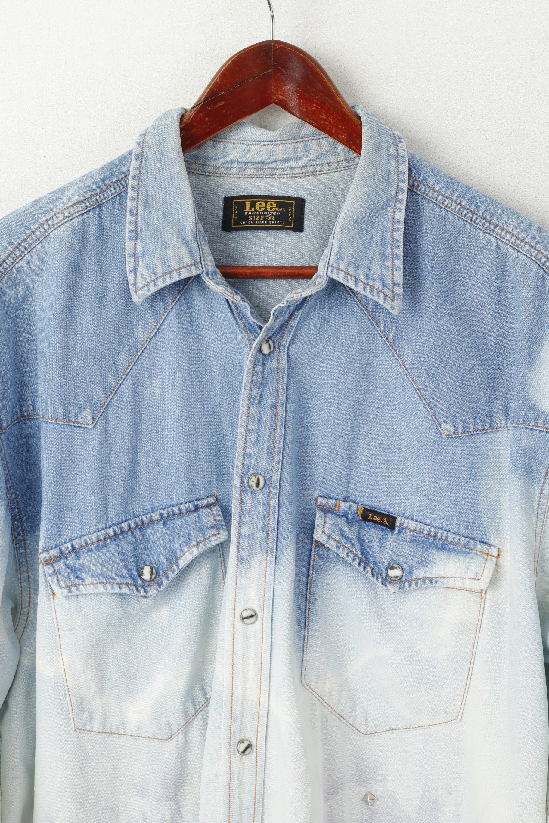 Lee Sanforized Hommes XL Chemise décontractée Bleu Jeans Ombre Jets Acid Wash Western Top