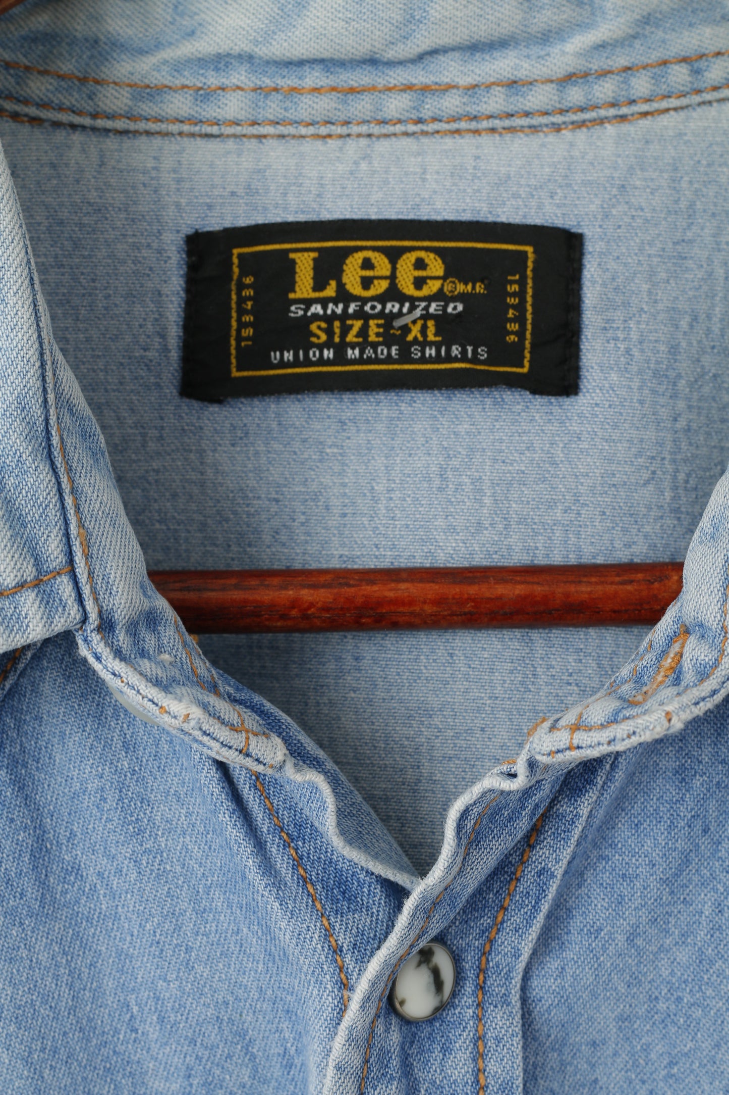 Lee Sanforized Men XL Casual Shirt Blue Jeans Ombre Jets Acid Wash Western Top