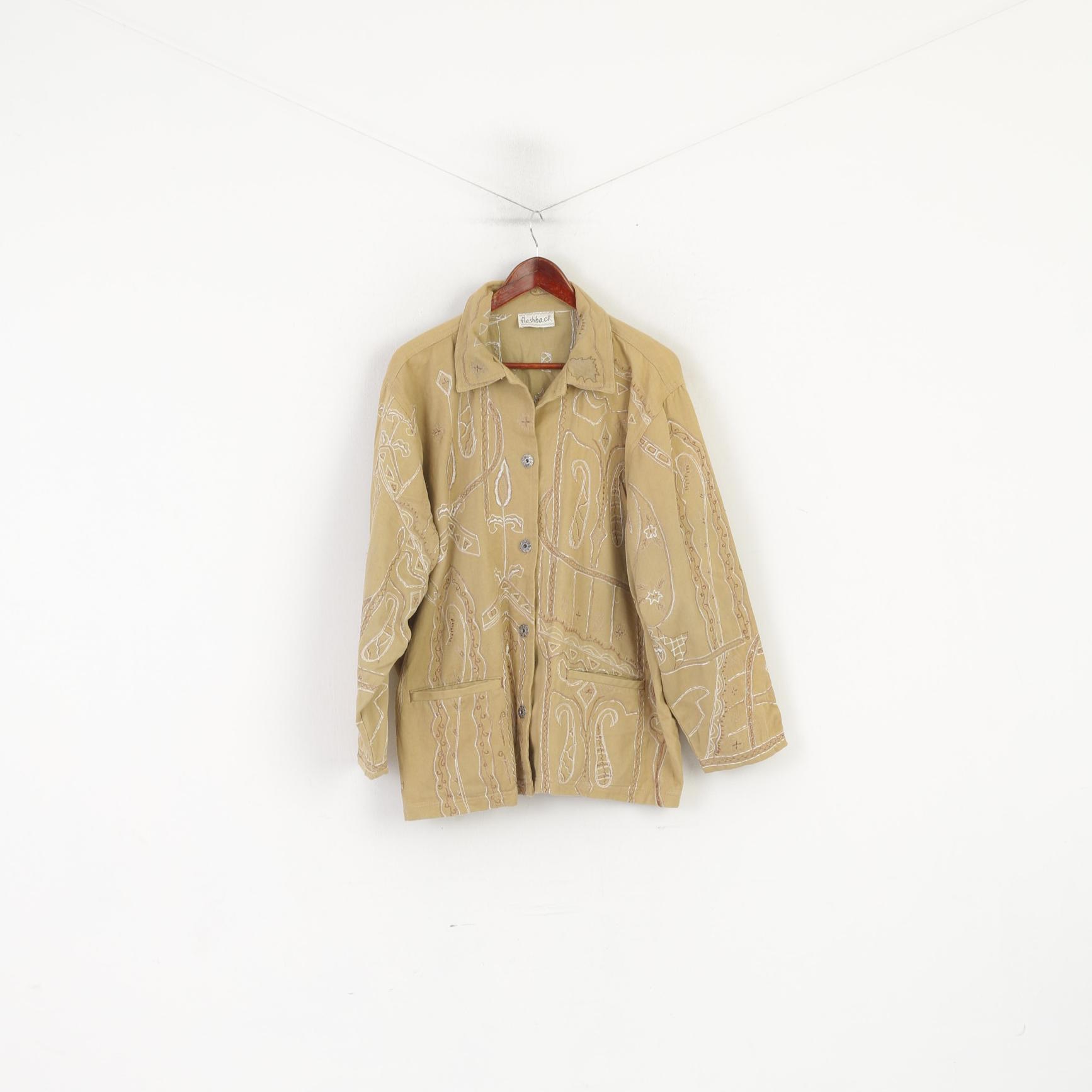 Flashback Veste XXL Femme Beige Boho Brodé Vintage Boutonné Haut en Coton
