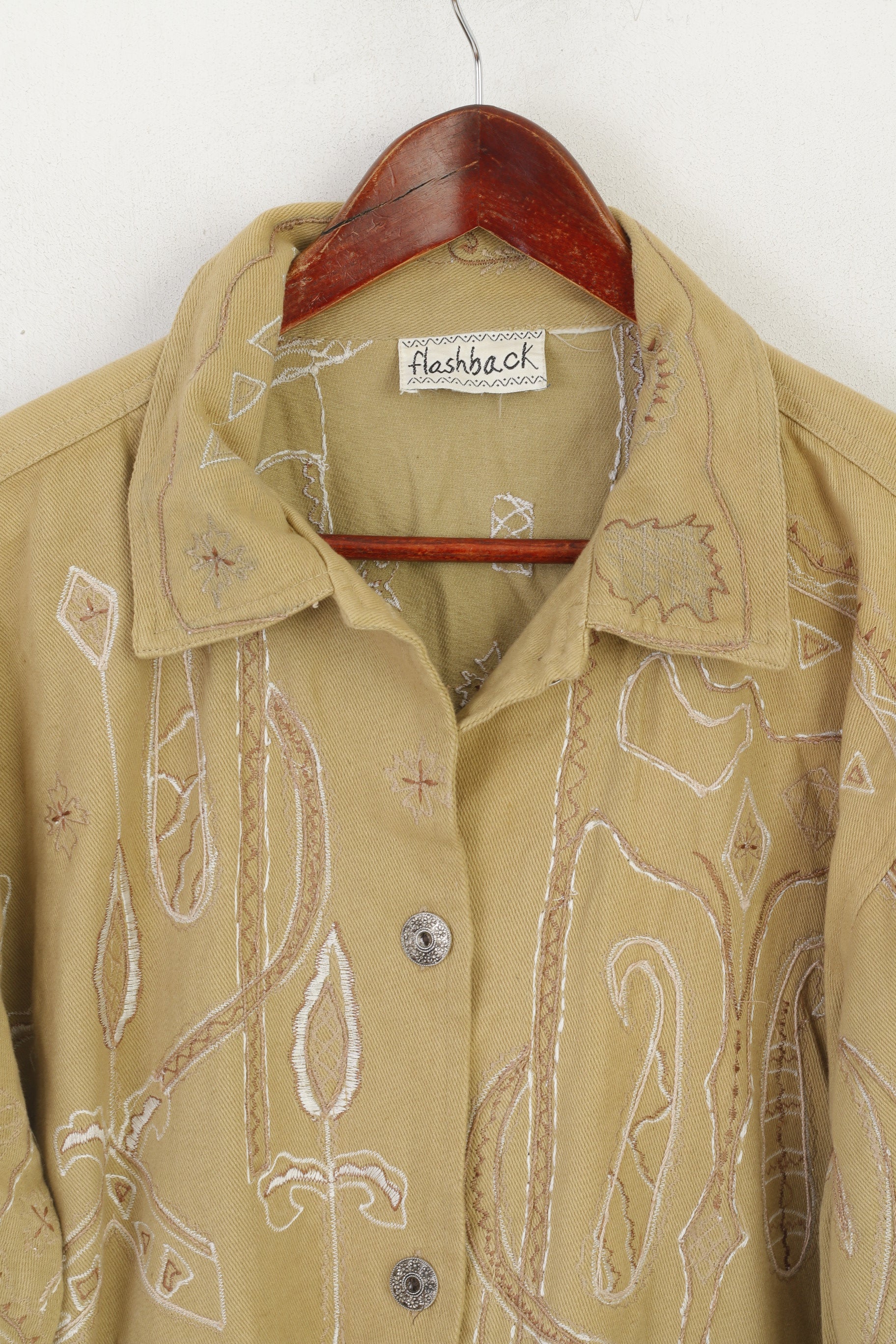 Flashback Veste XXL Femme Beige Boho Brodé Vintage Boutonné Haut en Coton