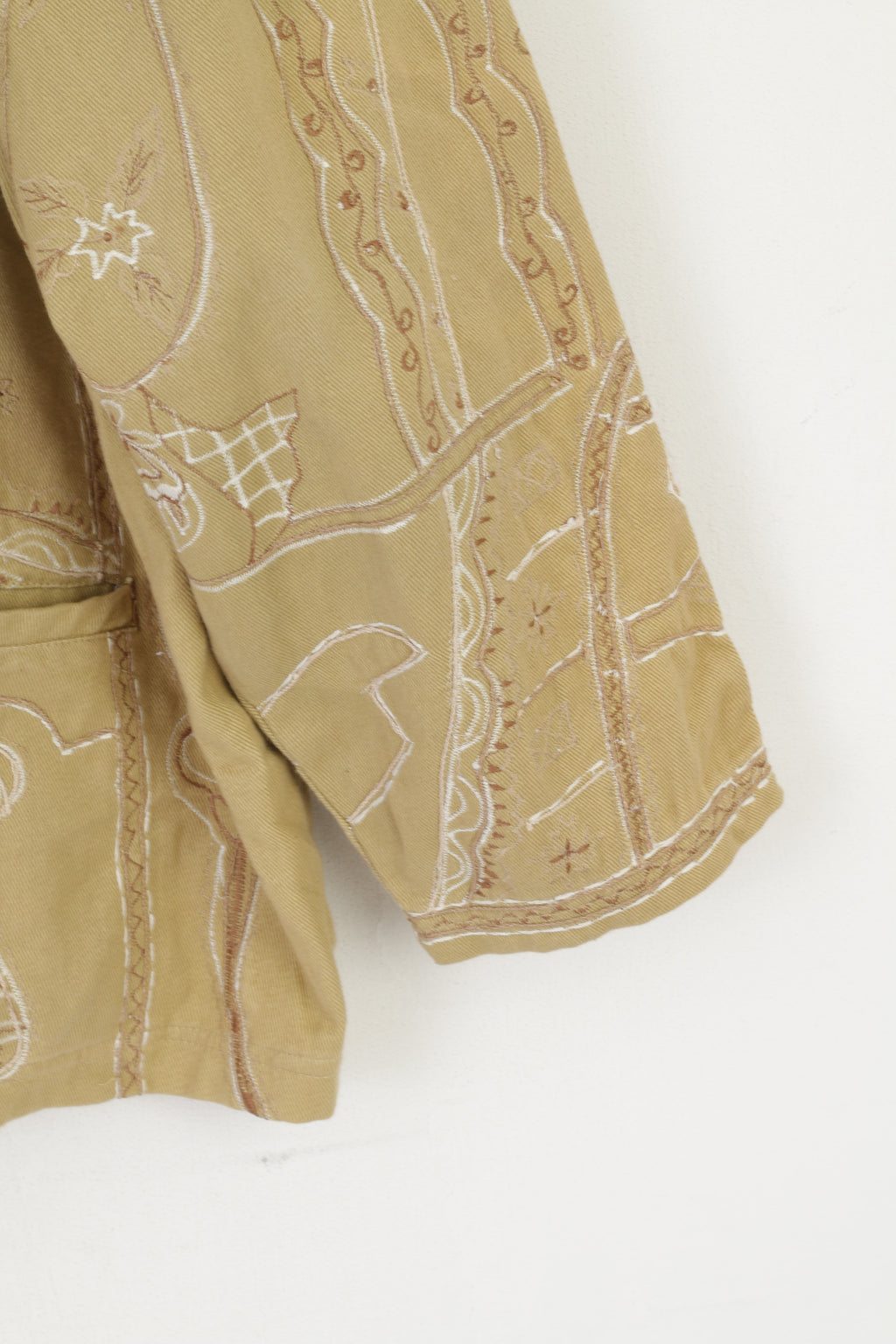 Flashback Veste XXL Femme Beige Boho Brodé Vintage Boutonné Haut en Coton