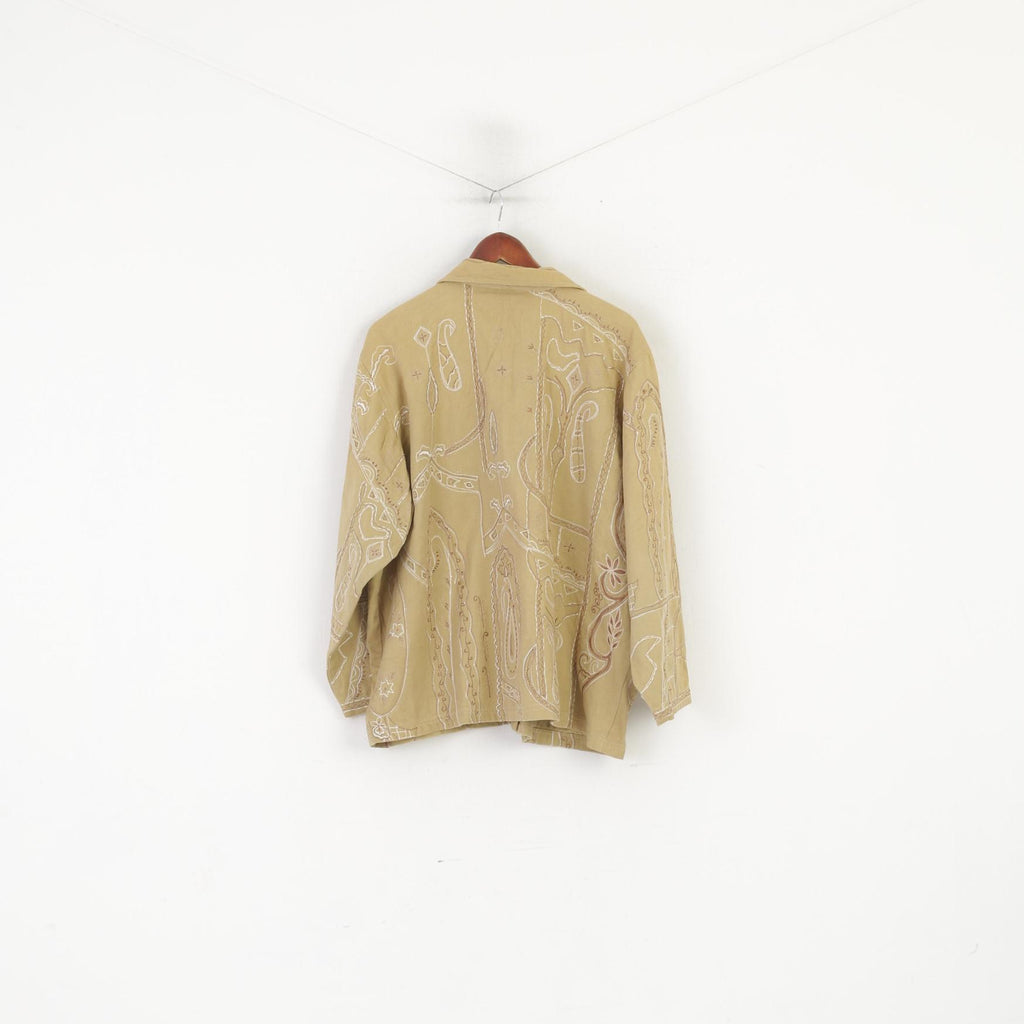 Flashback Veste XXL Femme Beige Boho Brodé Vintage Boutonné Haut en Coton