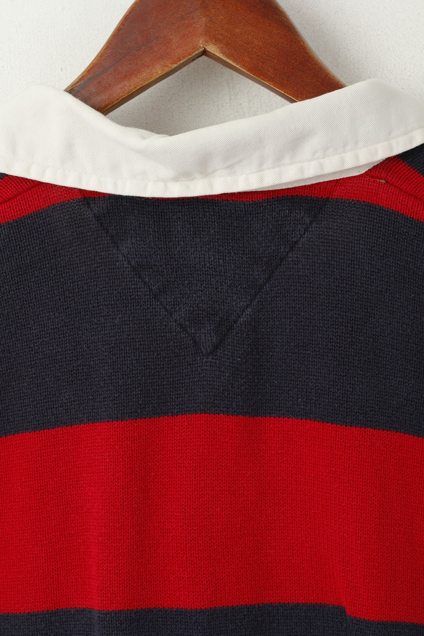 Tommy Hilfiger Men S Jumper Red Navy Striped Cotton Long Sleeve Polo Sweater