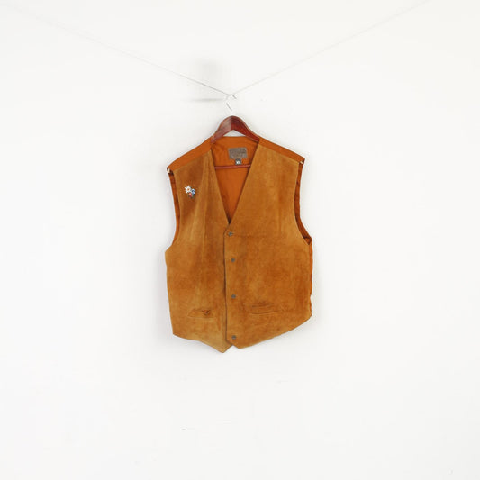 Vintage Men XL Waistcoat Mustard Real Leather Country Tyrol Single Breasted Vest