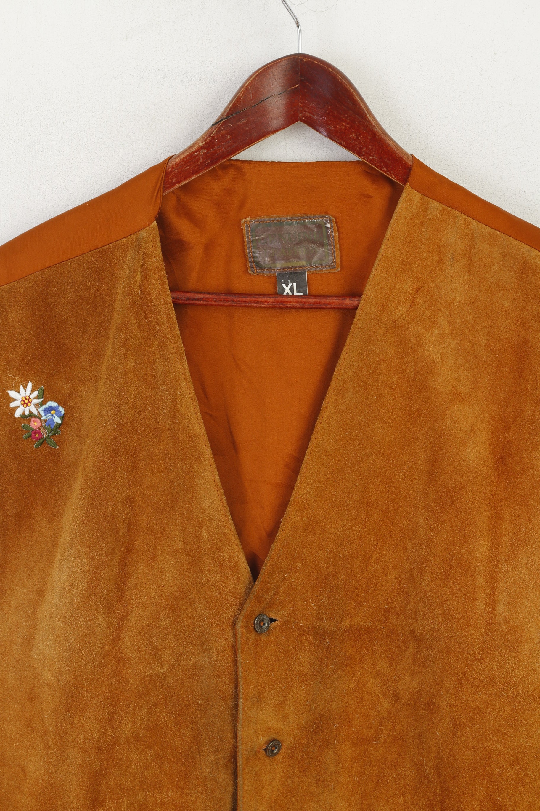 Vintage Men XL Waistcoat Mustard Real Leather Country Tyrol Single Breasted Vest