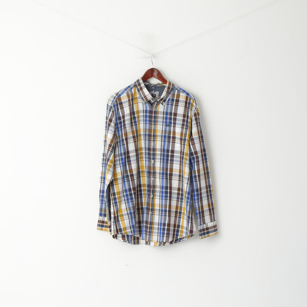 Jean Carriere Men XXL Casual Shirt Blue Check Cotton Basic Long Sleeve Top