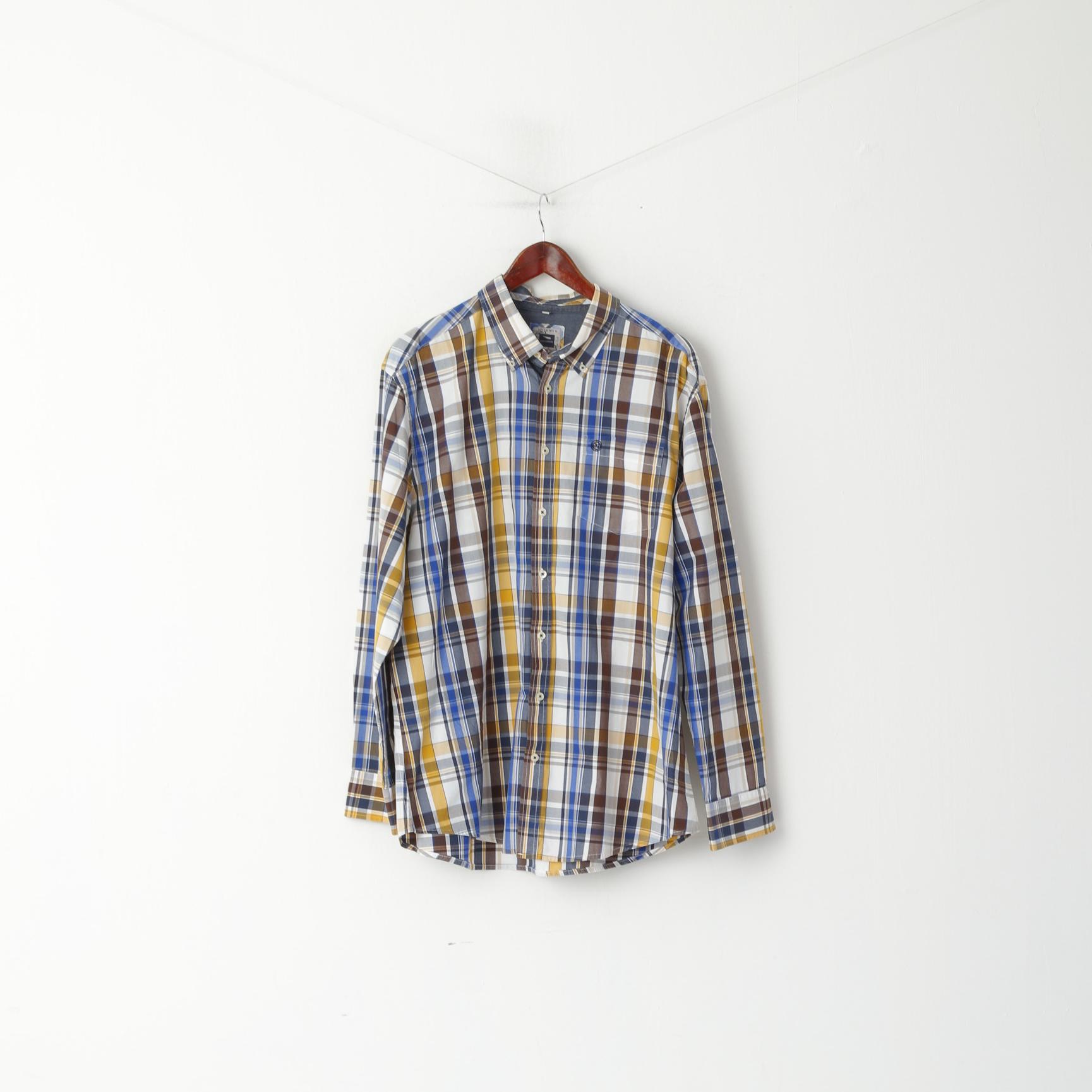 Jean Carriere Men XXL Casual Shirt Blue Check Cotton Basic Long Sleeve Top
