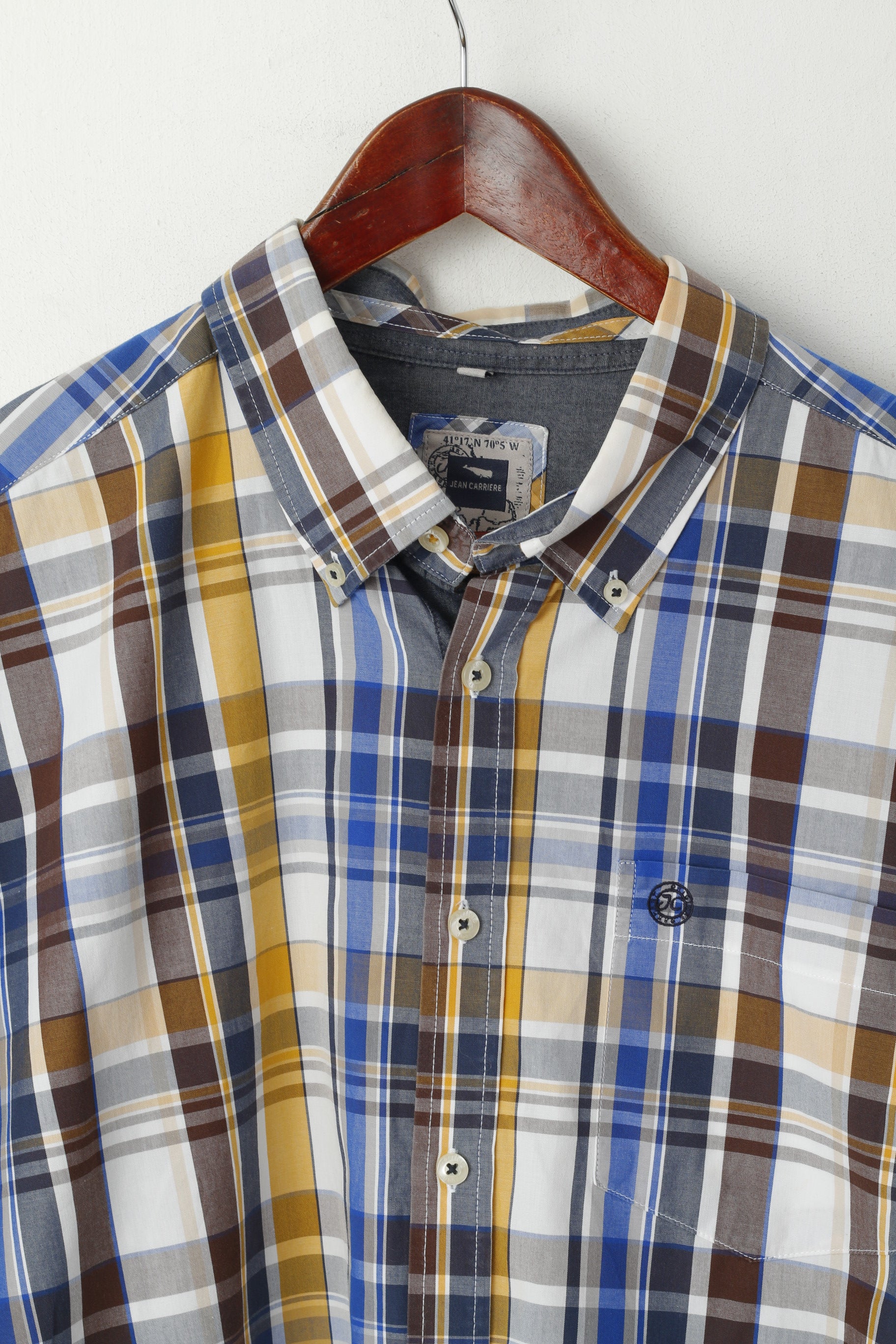 Jean Carriere Men XXL Casual Shirt Blue Check Cotton Basic Long Sleeve Top