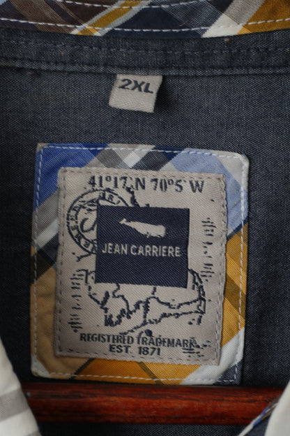 Jean Carriere Men XXL Casual Shirt Blue Check Cotton Basic Long Sleeve Top