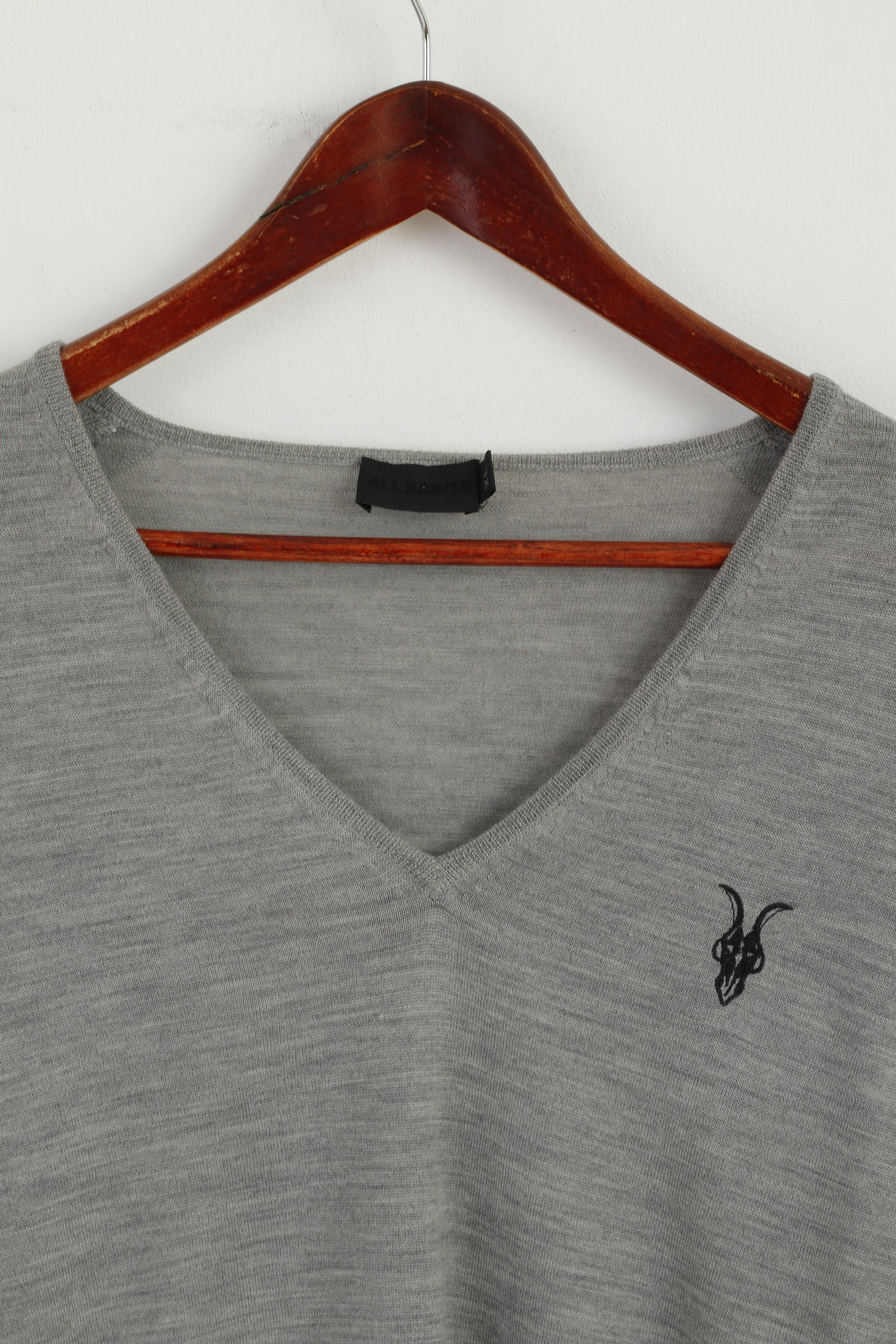 Allsaints Men XL (L) Jumper Light Grey V Neck Merino Wool Soft Light Sweater