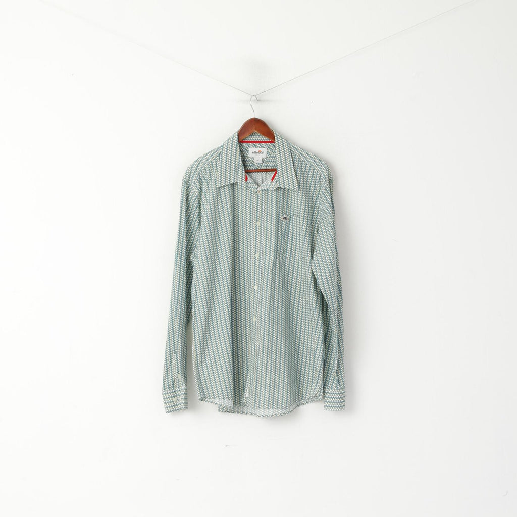 Ellesse Italia Men XXL Casual Shirt Green Cotton Multi Printed Deatailed Buttons Top