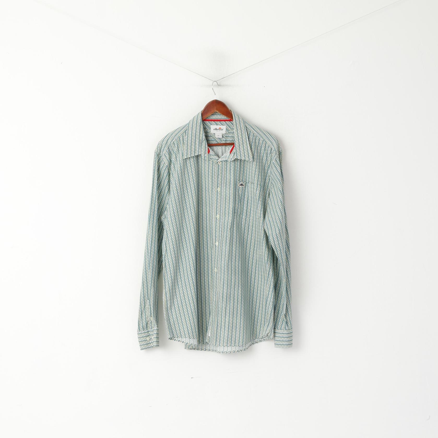 Ellesse Italia Men XXL Casual Shirt Green Cotton Multi Printed Deatailed Buttons Top