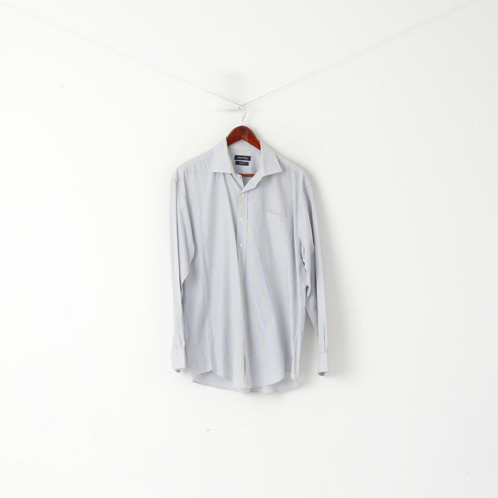 Nautica Hommes 34/35 16,5 XXL Chemise décontractée Bleu Rayé Coton Coupe Classique Haut à Manches Longues