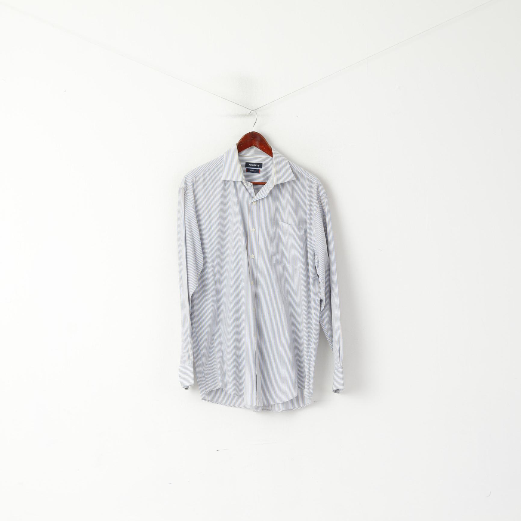 Nautica Hommes 34/35 16,5 XXL Chemise décontractée Bleu Rayé Coton Coupe Classique Haut à Manches Longues