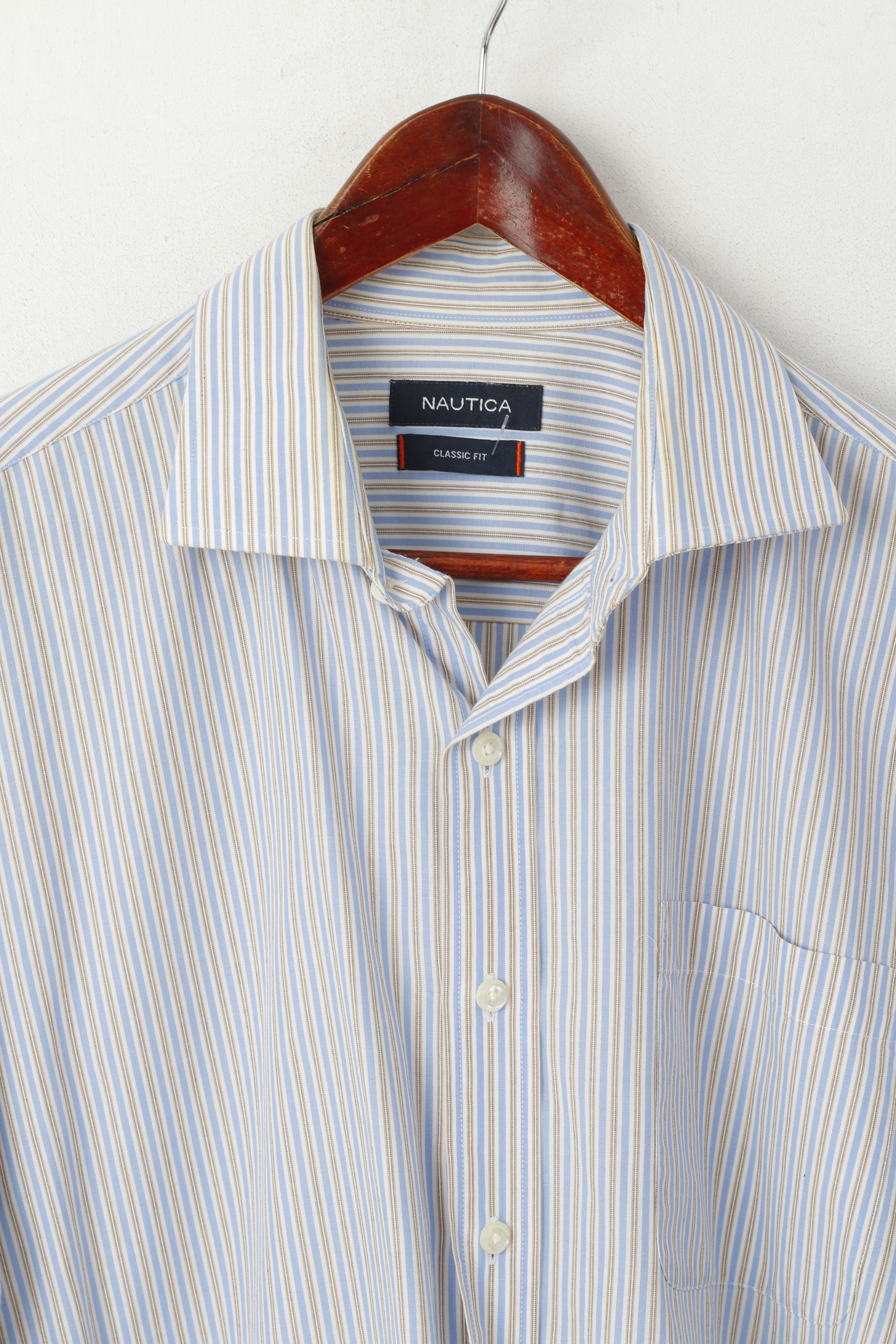 Nautica Hommes 34/35 16,5 XXL Chemise décontractée Bleu Rayé Coton Coupe Classique Haut à Manches Longues