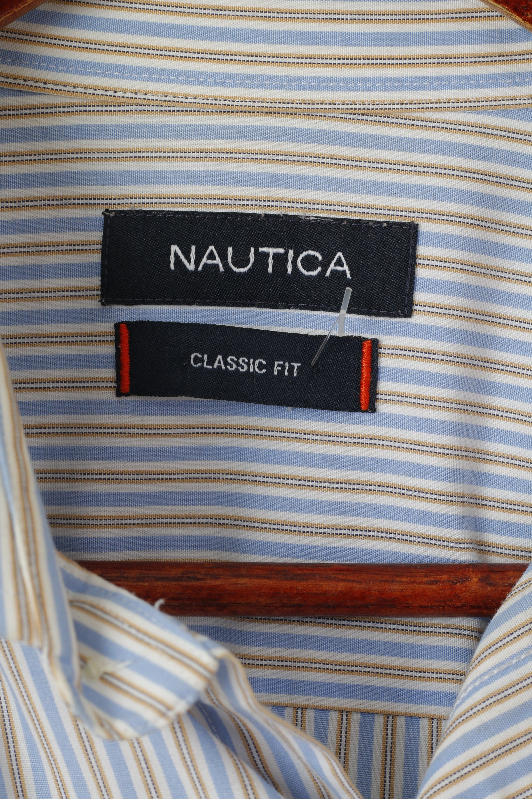 Nautica Hommes 34/35 16,5 XXL Chemise décontractée Bleu Rayé Coton Coupe Classique Haut à Manches Longues