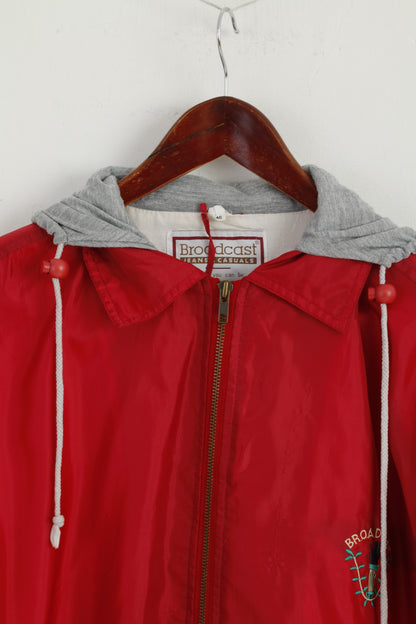 Broadcast Men 46 L Jacket Red Vintage Nylon Waterproof Nylon Full Zipper Hoooded Top