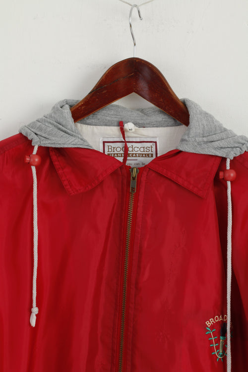 Broadcast Men 46 L Veste Rouge Vintage Nylon Imperméable Nylon Fermeture Éclair Complète À Capuche Haut