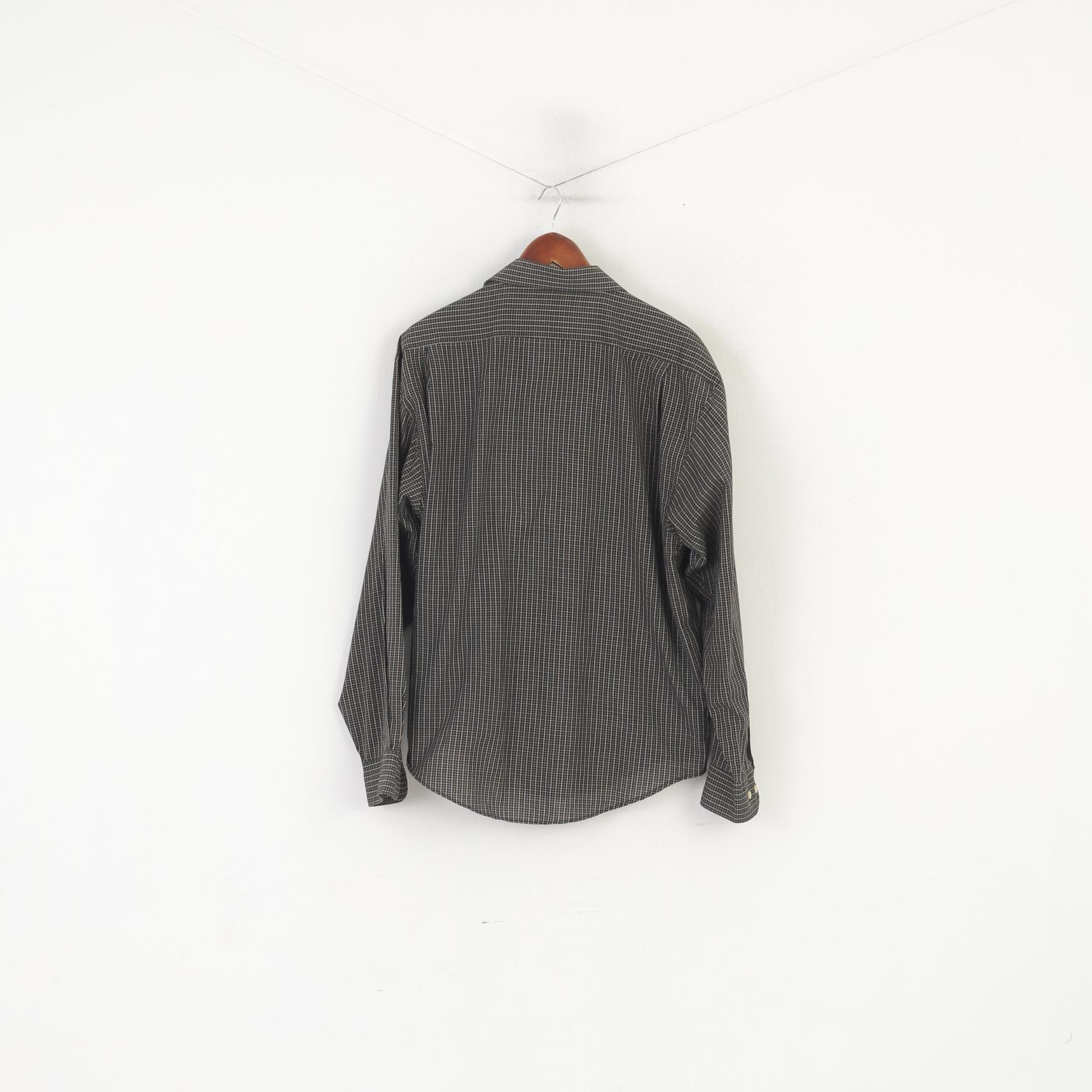 Louis Philippe Men L Casual Shirt Black Check Cotton Pocket Long Sleeve Retro Top