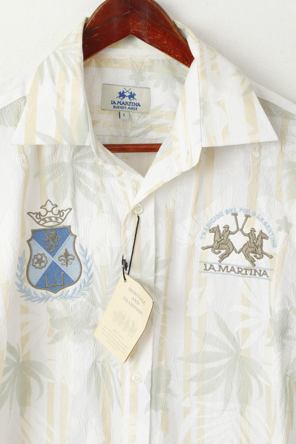 New La Martina Men L Casual Shirt Cream Cotton Buenos Aires Argentino Polo Gear Top