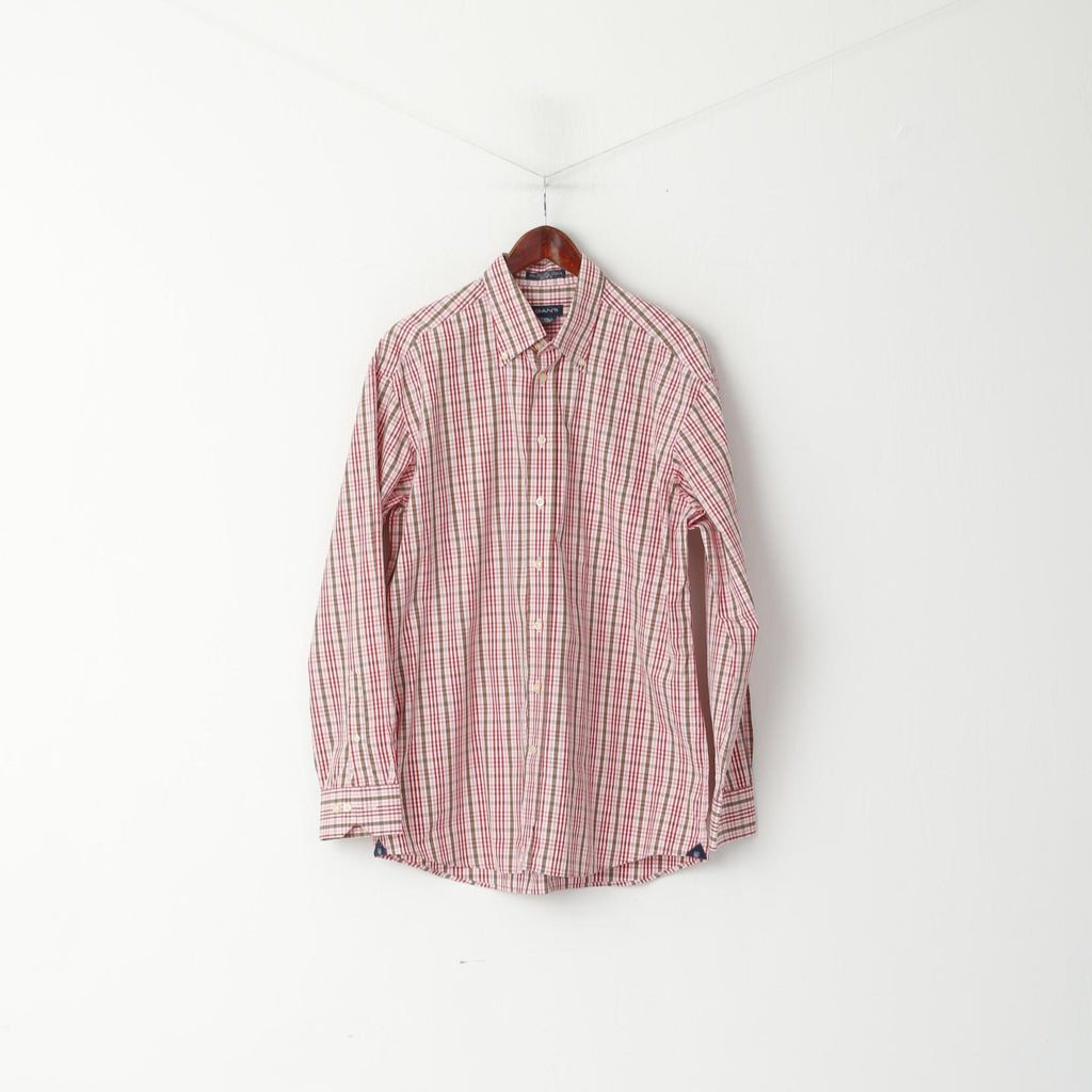 GANT Men L Casual Shirt Pink Check 80s Two Ply Cotton Dress Fit Long Sleeve