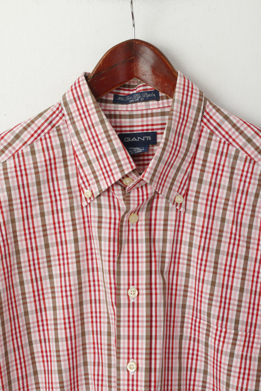 GANT Men L Casual Shirt Pink Check 80s Two Ply Cotton Dress Fit Long Sleeve
