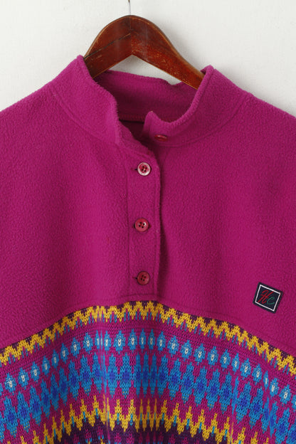 HC Women L Fleece Top Vintage Purple Nordic Button Neck Retro Jumper