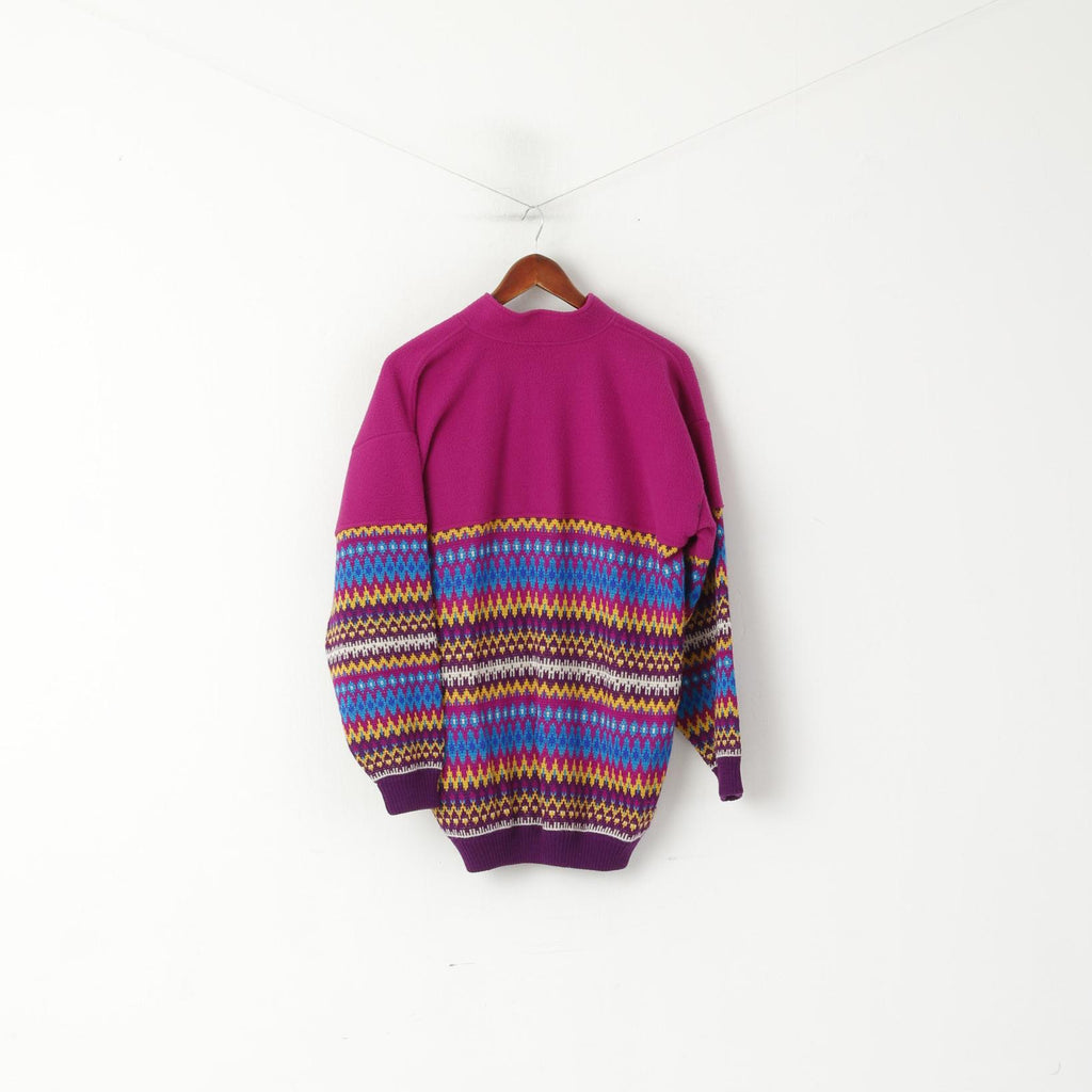 HC Women L Fleece Top Vintage Purple Nordic Button Neck Retro Jumper