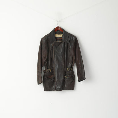 Hollies Women M Leather Jacket Brown Vintage Biker Great Look Zip Up Top