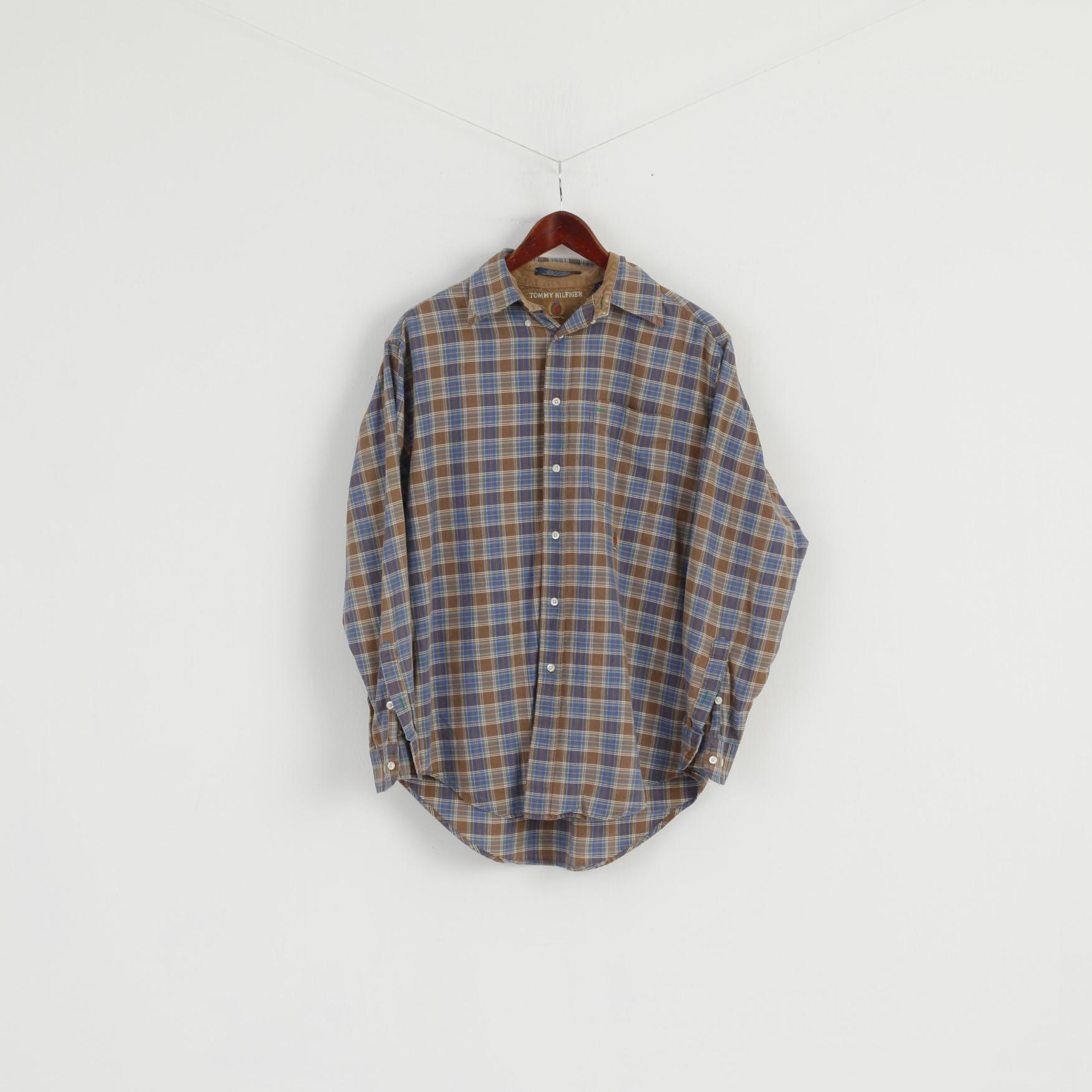 Tommy Hilfiger Mens S (L) Casual Shirt Brown Check Cotton Long Sleeve Country Top