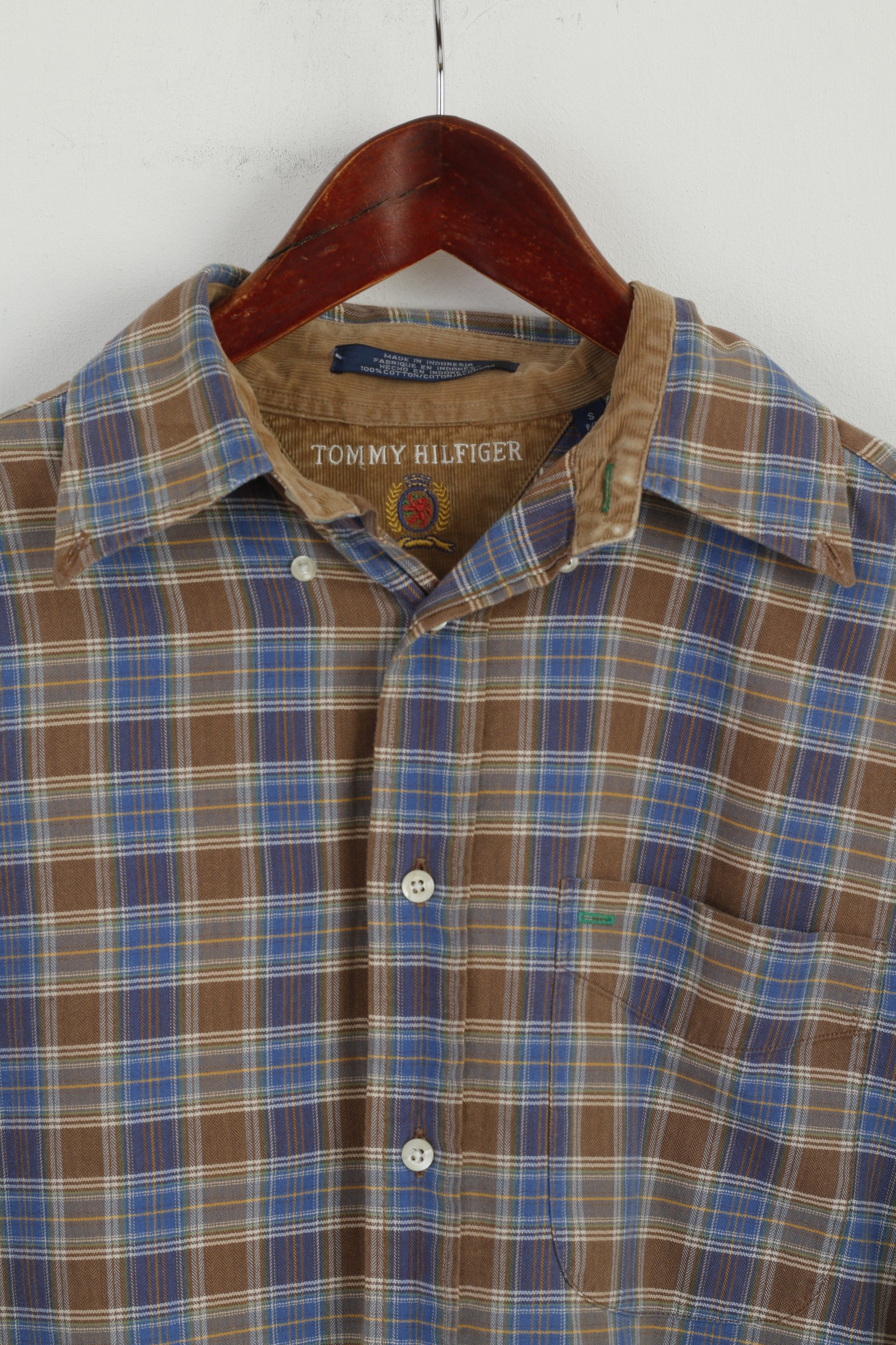 Tommy Hilfiger Mens S (L) Casual Shirt Brown Check Cotton Long Sleeve Country Top