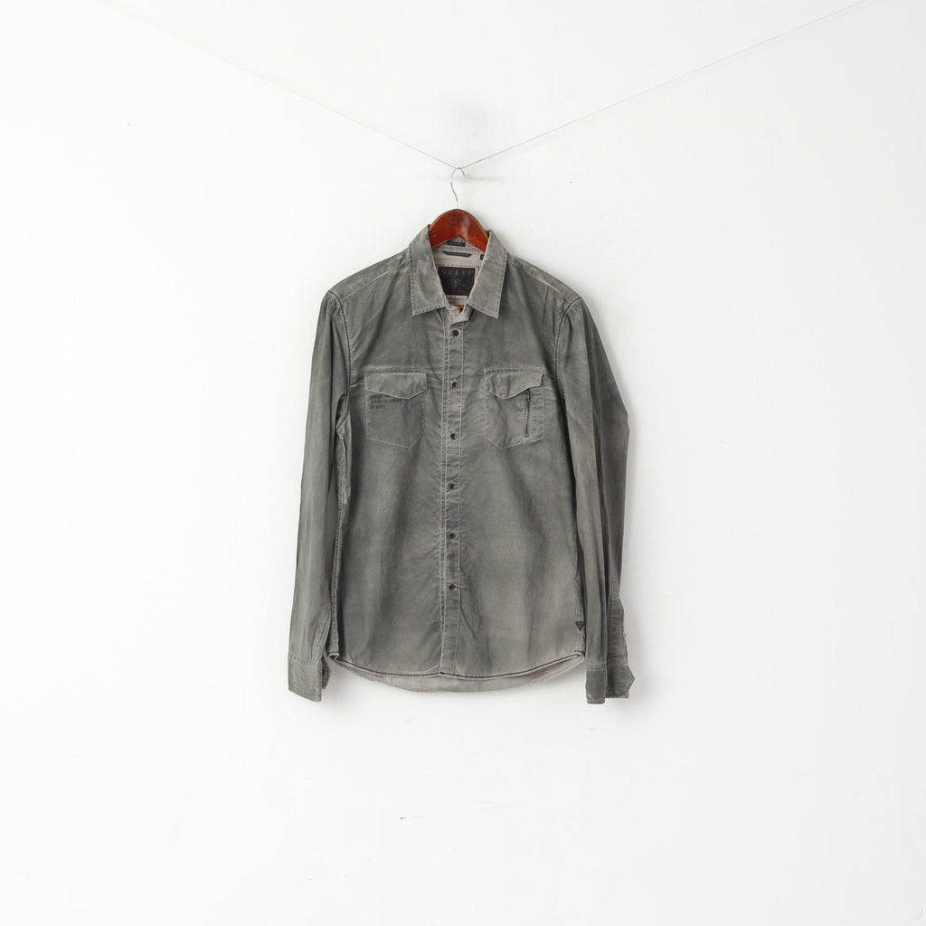 Guess Men XS Casual Shirt Gray Regular Fit Washed Look Long Sleeve Top