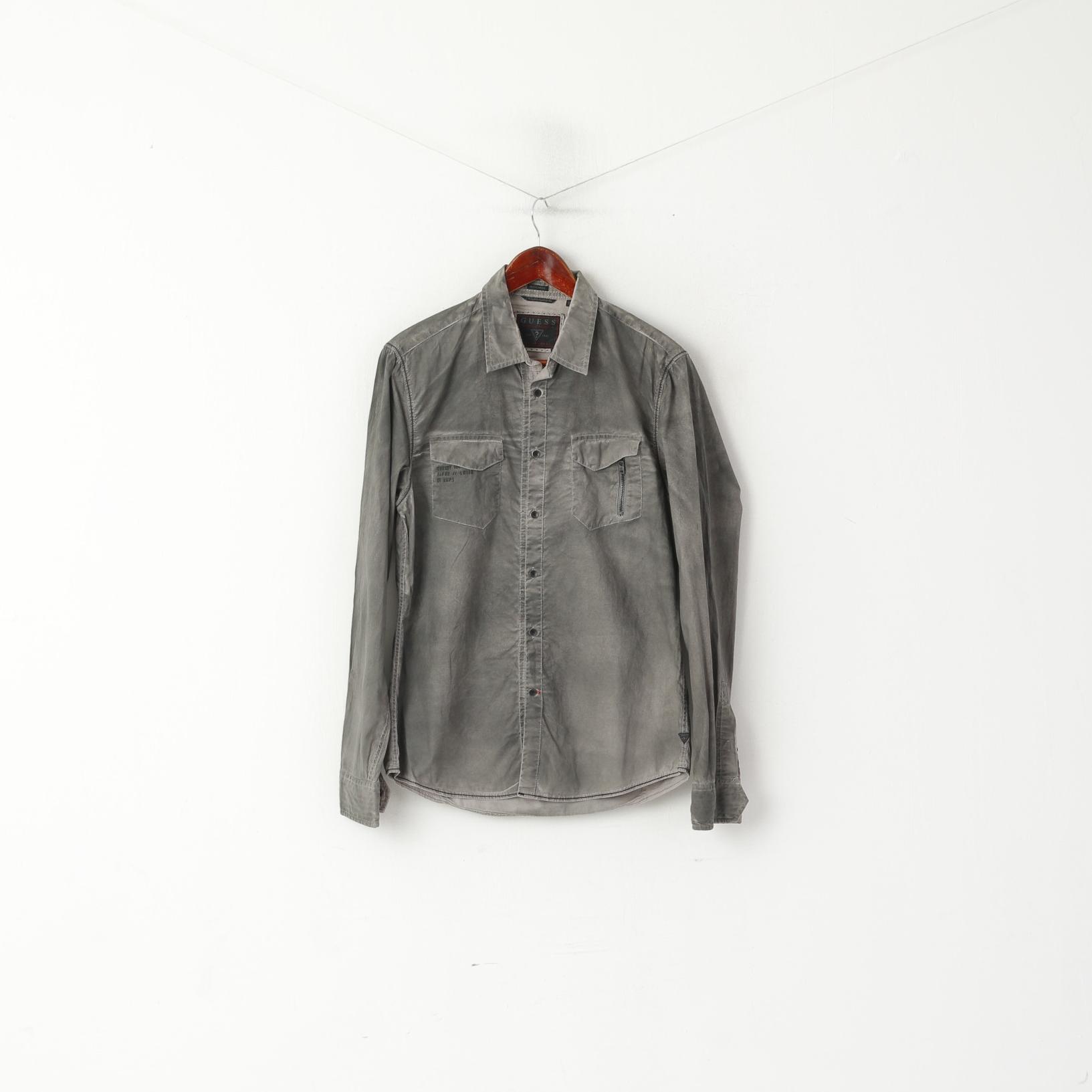 Guess Men XS Casual Shirt Gray Regular Fit Washed Look Long Sleeve Top