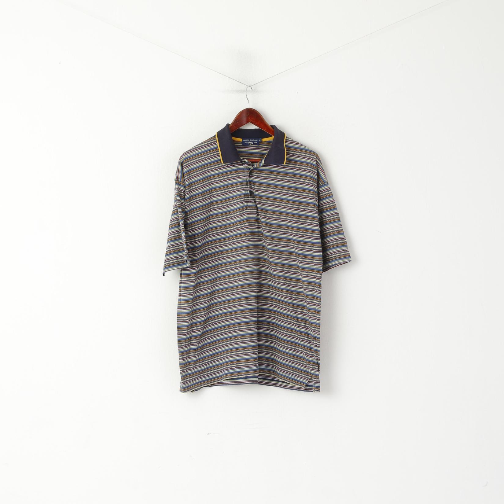 Claudio Campione Homme L Polo Marine Rayé Coton Vintage Classique Rétro Haut