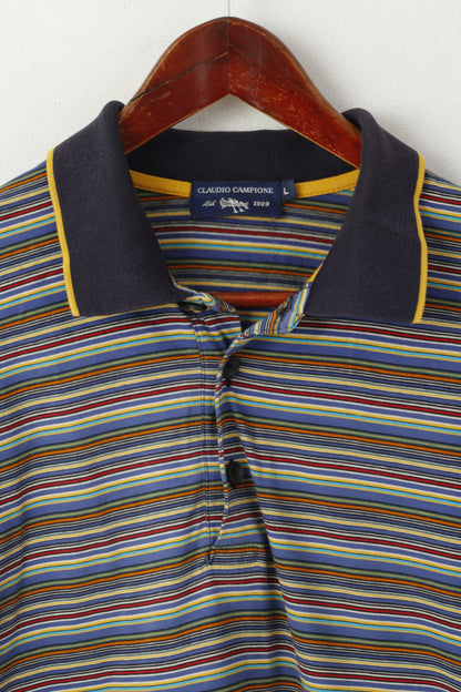 Claudio Campione Men L Polo Shirt Navy Striped Cotton Vintage Classic Retro Top