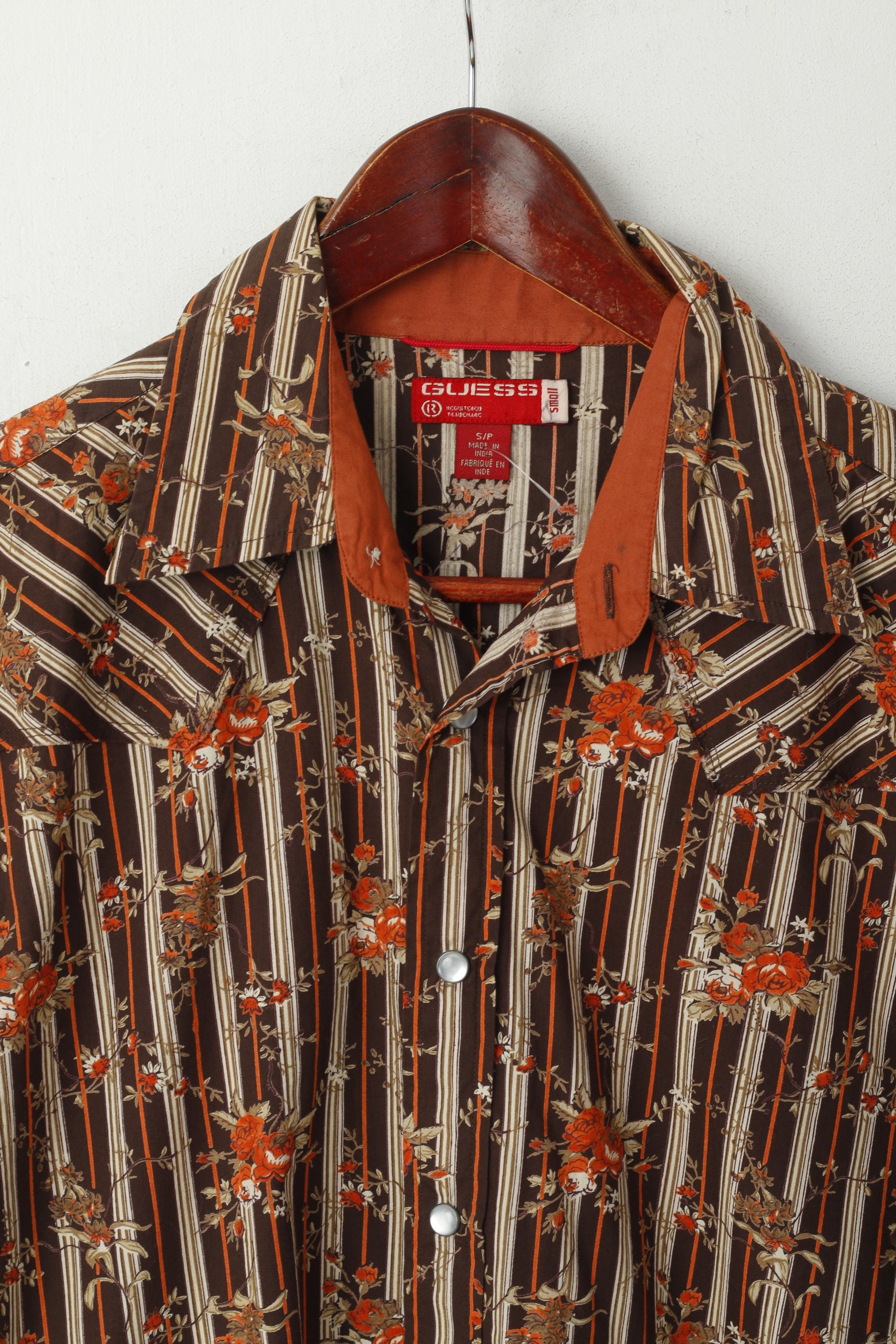 Guess Men S Casual Shirt Brown Floral Striped Retro Style Snaps Long Sleeve Top