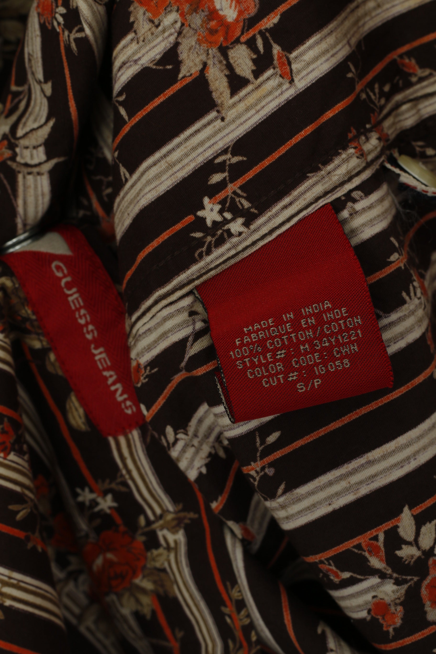 Guess Men S Casual Shirt Brown Floral Striped Retro Style Snaps Long Sleeve Top