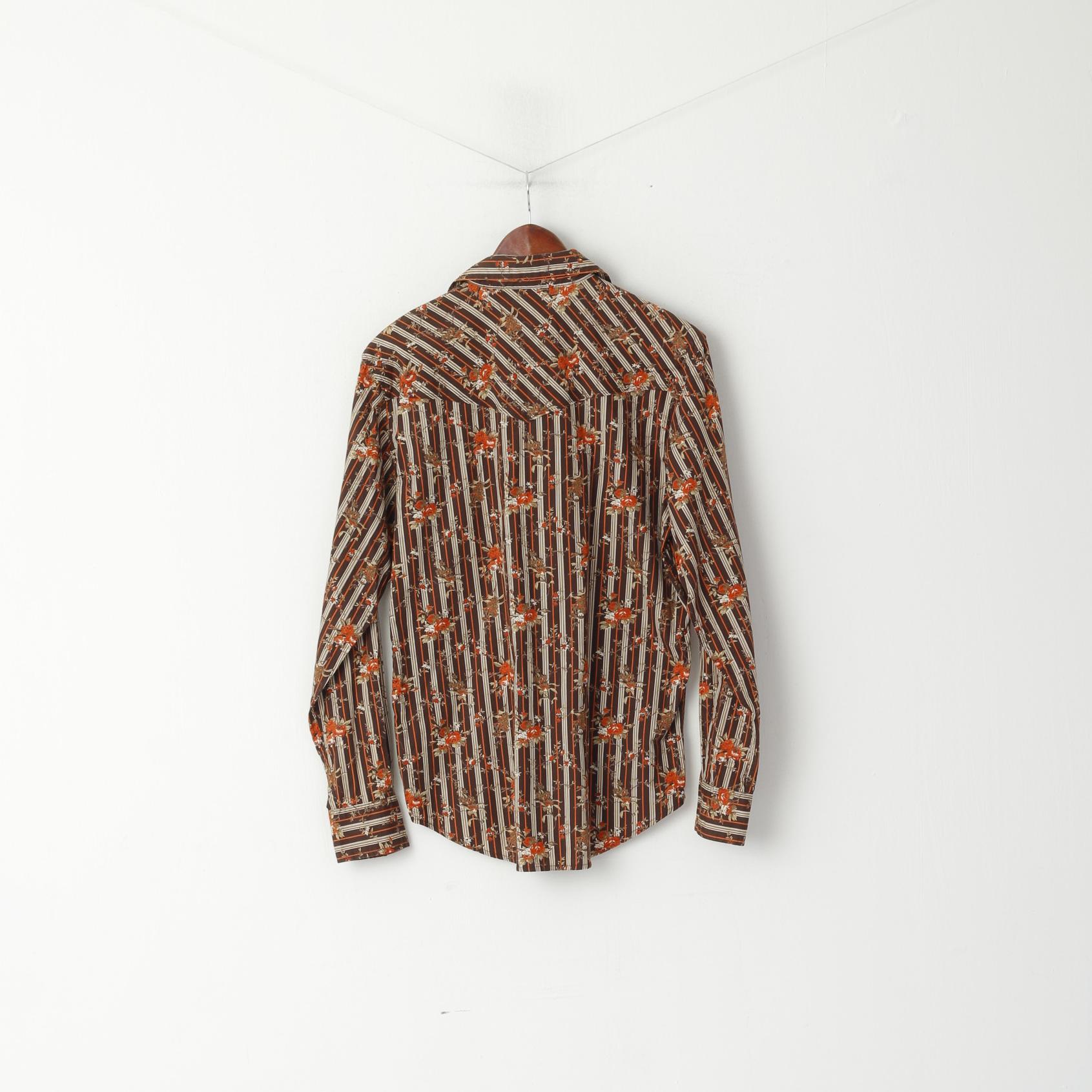 Guess Men S Casual Shirt Brown Floral Striped Retro Style Snaps Long Sleeve Top