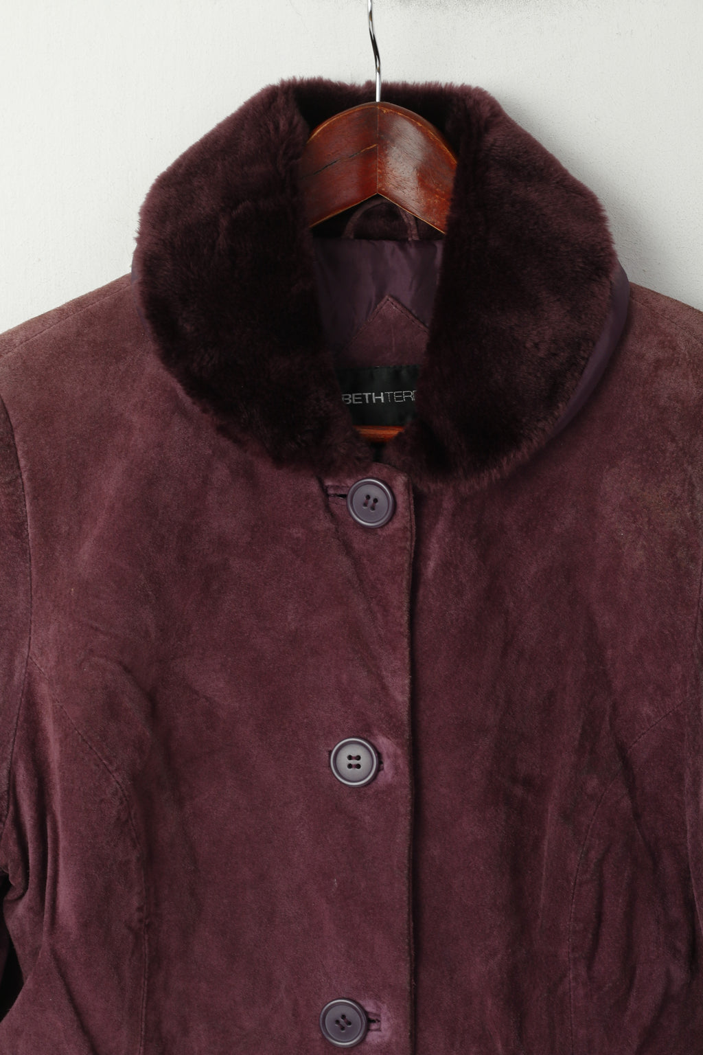 BETH TERRELL Veste M pour femme en cuir violet avec bordure en fausse fourrure et haut à simple boutonnage