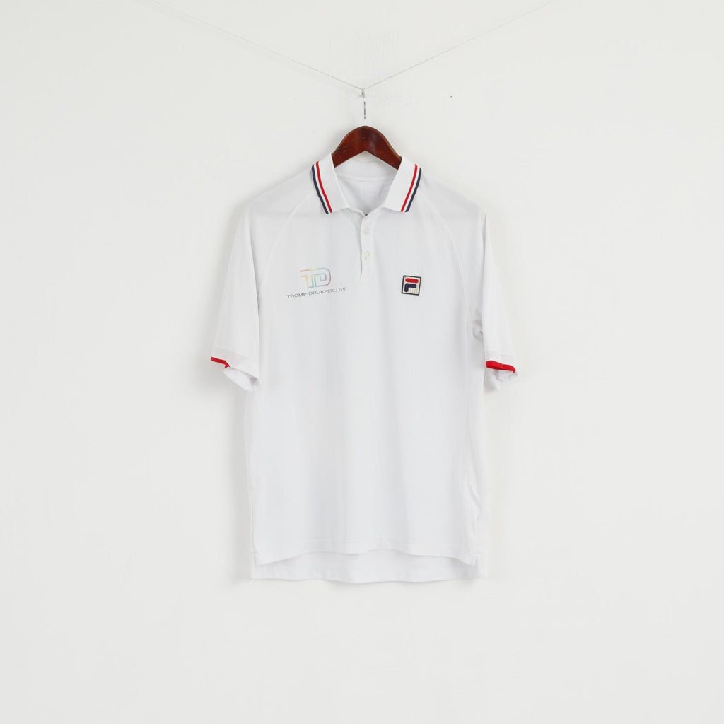 Fila Men L Polo Shirt White Polyester Short Sleeve Detailed Buttons Top