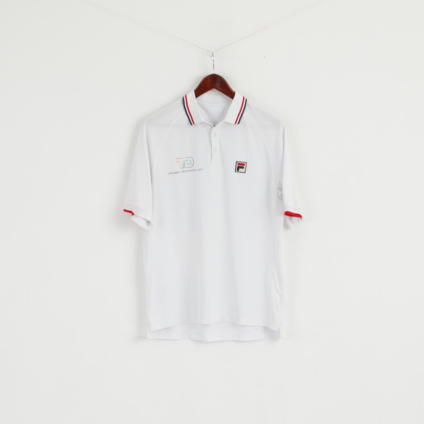 Fila Men L Polo Shirt White Polyester Short Sleeve Detailed Buttons Top