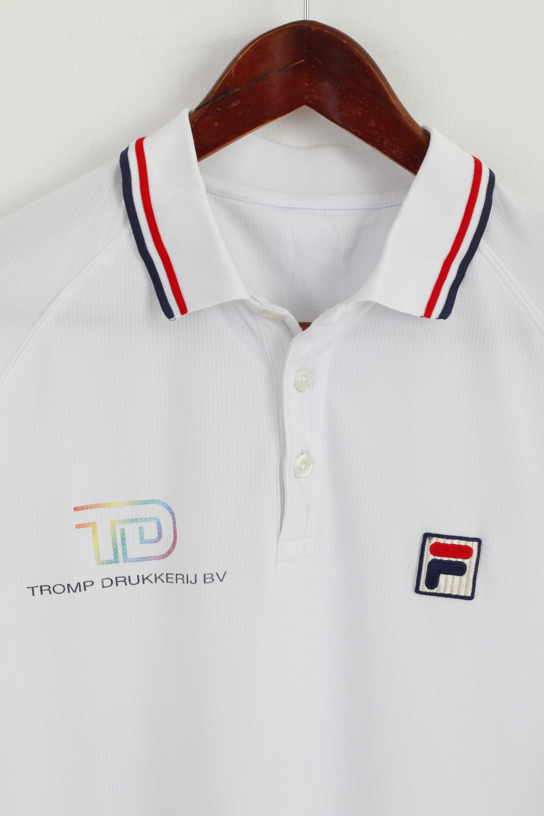 Fila Men L Polo Shirt White Polyester Short Sleeve Detailed Buttons Top