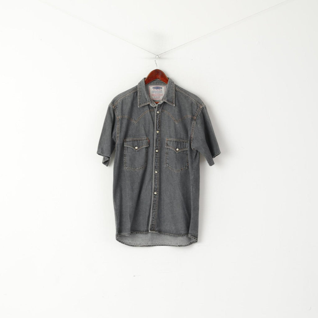 Chicanos Hommes M Chemise décontractée Gris Denim Jeans Vintage Snap Western Haut en coton