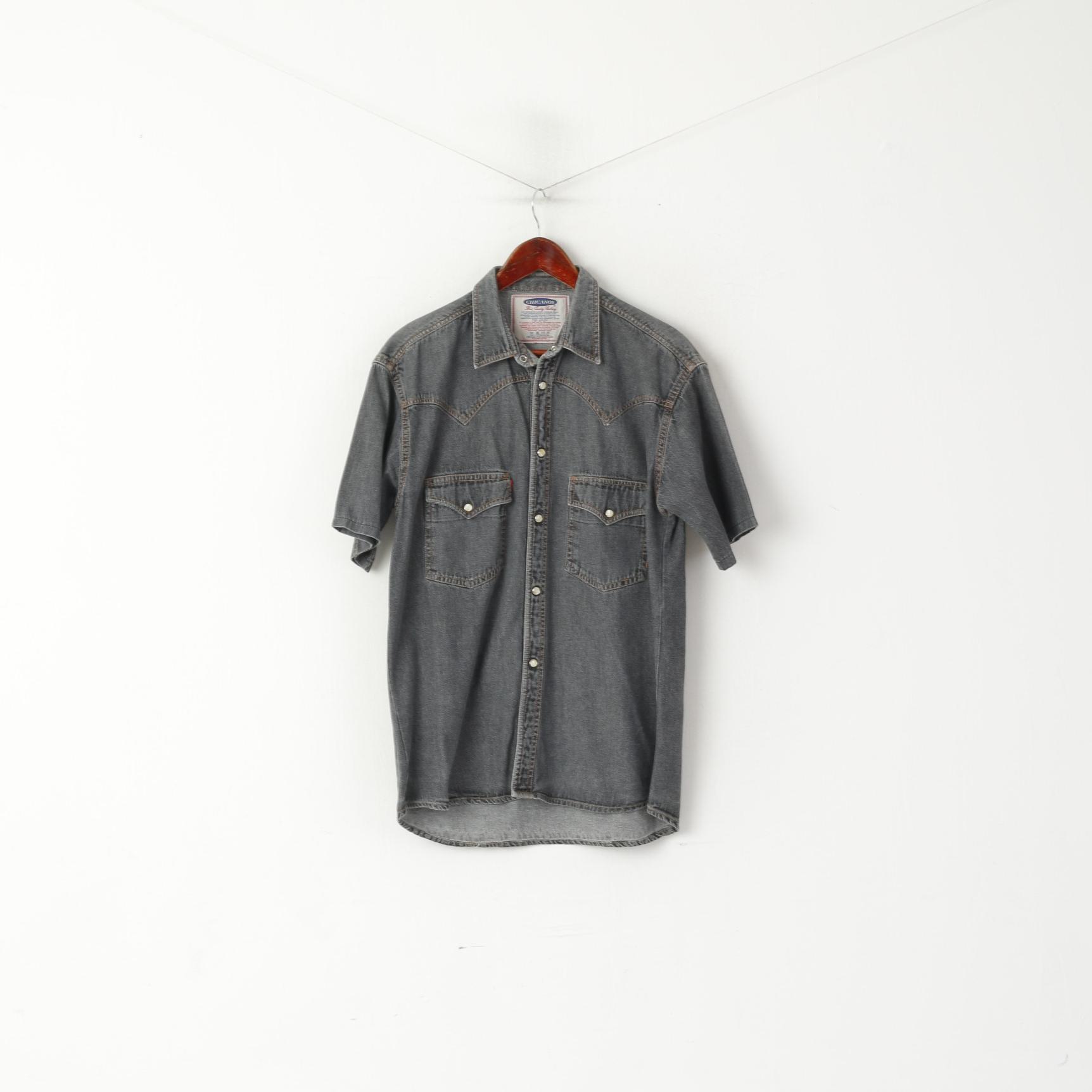 Chicanos Hommes M Chemise décontractée Gris Denim Jeans Vintage Snap Western Haut en coton